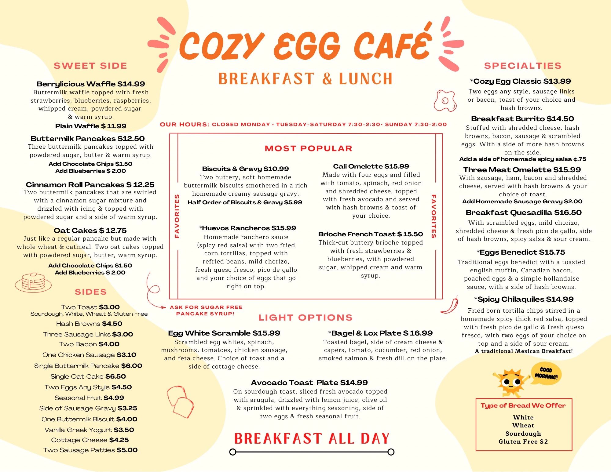 Cozy Egg Café menu featuring breakfast and lunch with waffles, omelettes, burritos, and light options.