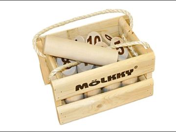 Molkky game in wooden crate