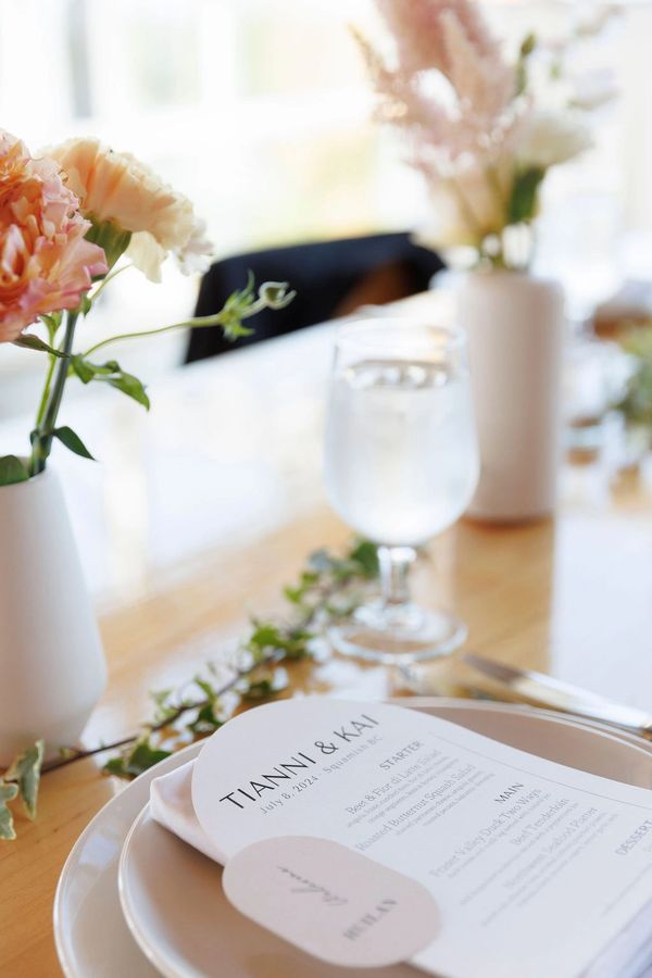 Elegant wedding table setting with floral arrangements and a personalized menu.