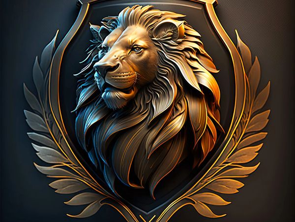 Golden lion head emblem with laurel wreath.
