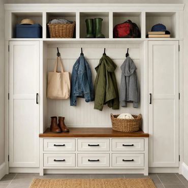 Organized white mudroom with storage, hooks, and seating area.