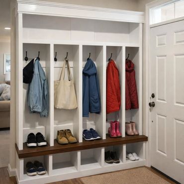 Organized entryway with coats, shoes, and a tote bag in white cubbies.