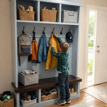 Young boy hanging a yellow jacket on a blue coat rack in an organized entryway.