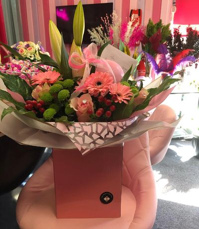 Dreamy pink mixed hand tied bouquet boxed up