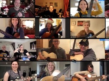 Montage of guitar student images from an online beginner guitar workshop.