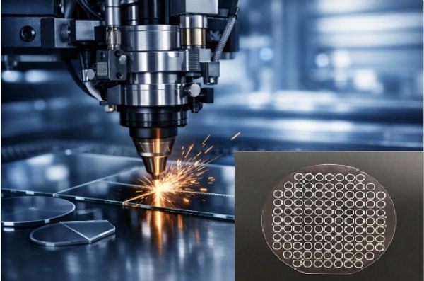 Laser cutting machine engraving metal with sparks flying.