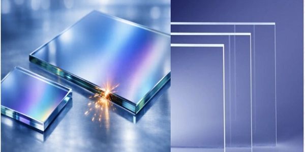 Clear glass sheets of different sizes, with one being laser-cut.