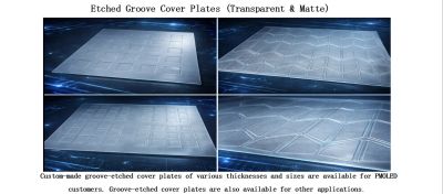 Custom etched groove cover plates in transparent and matte finishes.