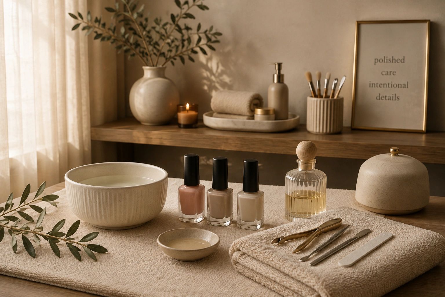 Nail care set with neutral tones and cozy atmosphere.
