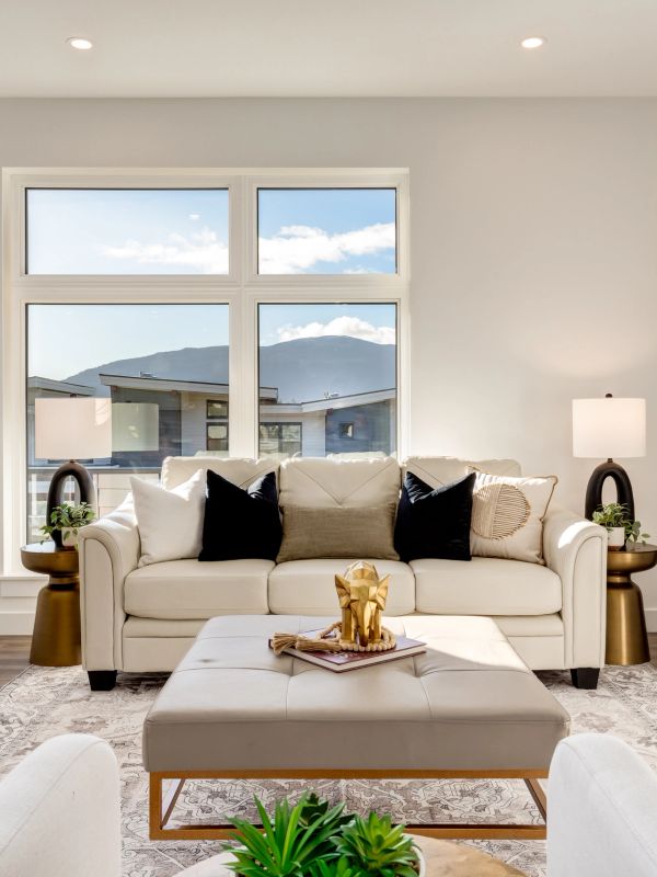 Views of Mount Benson from a staged living room in Nanaimo