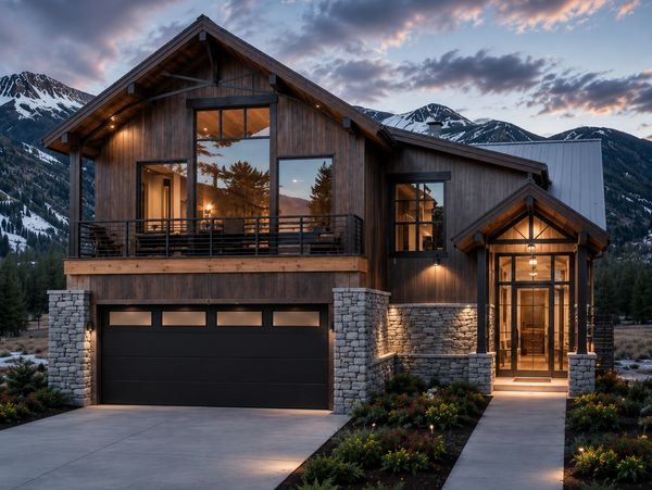 Modern mountain house with wooden and stone exterior at dusk.