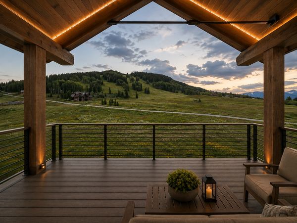 Cozy porch overlooking a vast green landscape at sunset.