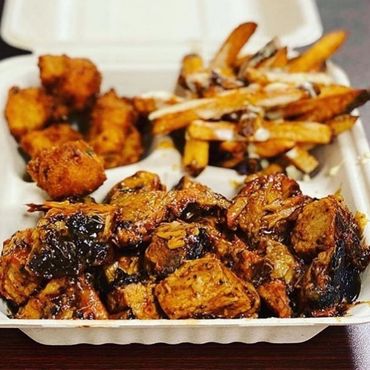 Burnt ends, hushpuppies, french fries