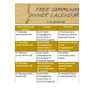 Free Community Meals South Parish Congregational Church 9 Church Augusta Me 04330