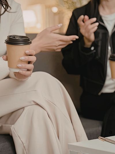 Image of two individuals, most likely females, shown from the shoulders down, sitting on a couch dri