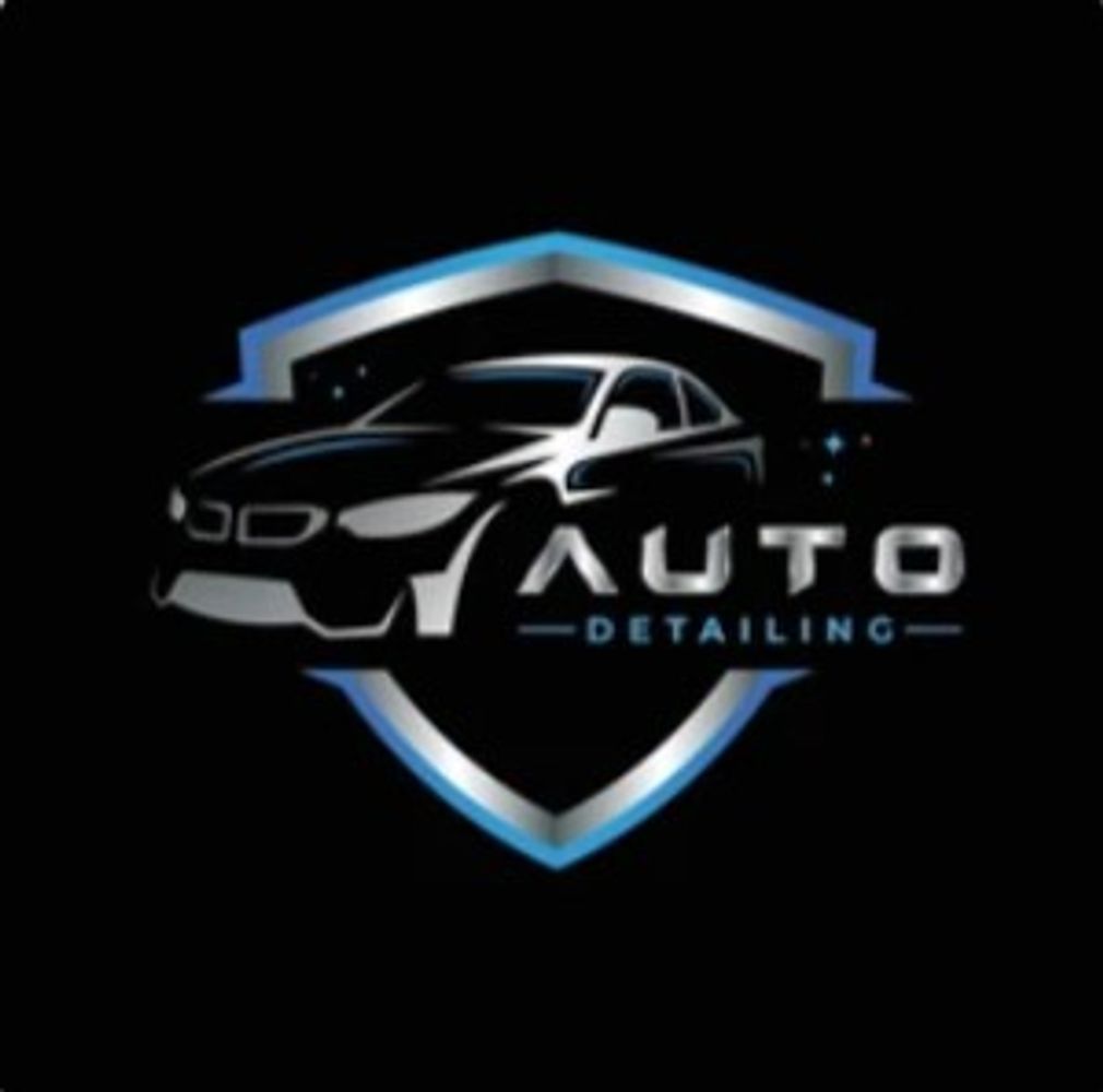 Logo of a sleek car with 'Auto Detailing' text inside a blue shield.