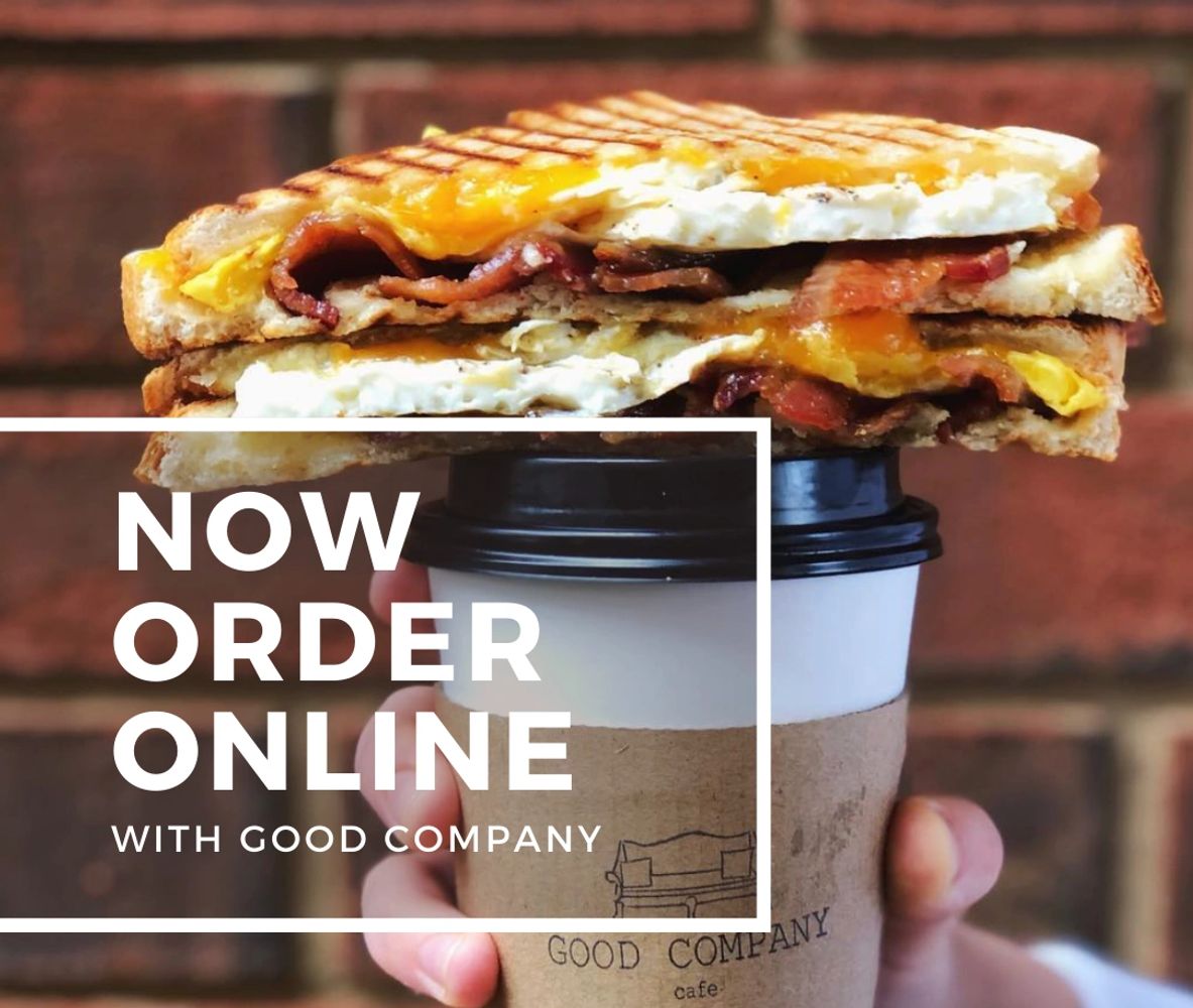 "Now order online" dad's egg sandwich and coffee image