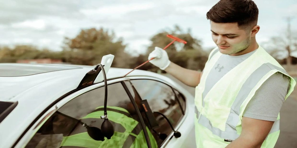 Man in safety vest repairing a car dent with specialized tools outdoors.