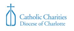 Logo of Catholic Charities Diocese of Charlotte with a cross symbol.