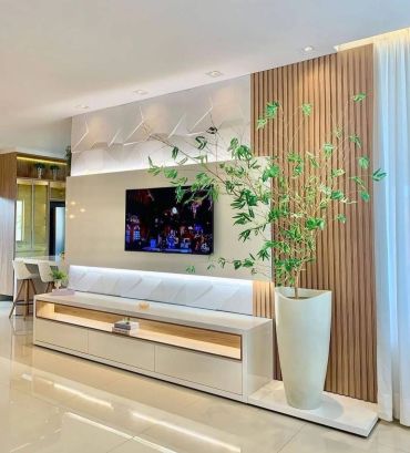 Modern living room with TV and stylish furniture.