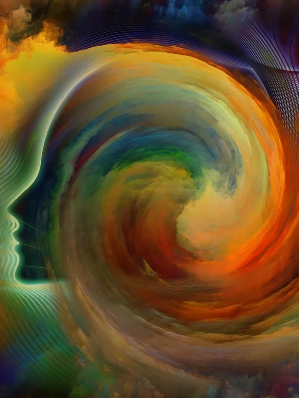 Illustration of a head with a wave of colours in it