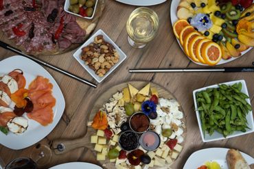 Orlando's Food Offering with Hookah, Wine, Edamame, Seafood, and Charcuterie board.