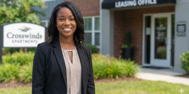 Professional woman smiling outside Crosswinds Apartments leasing office.