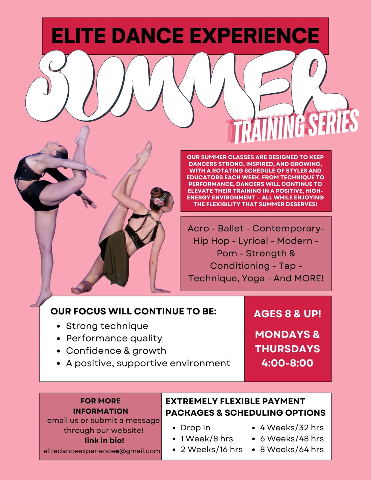 Summer dance training series for ages 8 and up, focusing on strong technique and growth.