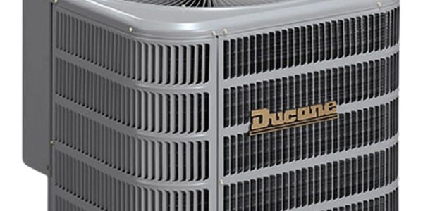 A gray Ducane air conditioning unit with protective grills.