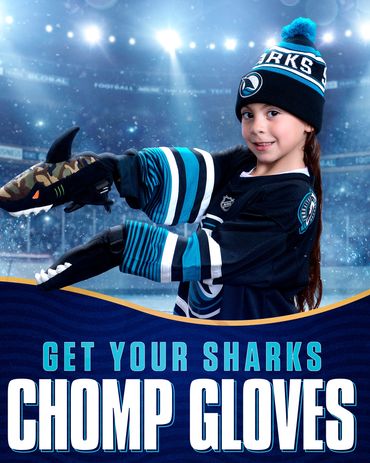 A young girl wearing Sharks Chomp Gloves