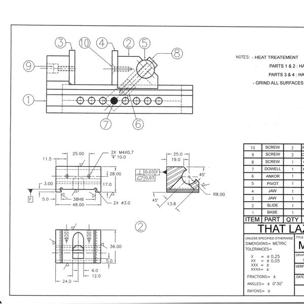 Technical drawing of a machinist vice with detailed dimensions and parts list.