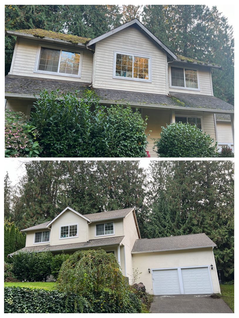 Two views of a beige two-story house surrounded by greenery and trees.The upper photo the roof is covered in moss with algae stains below in the lower picture mass and algae have been cleaned up