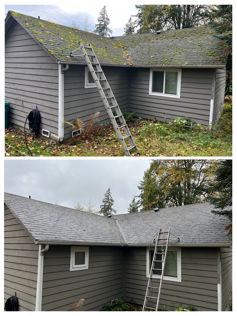 Before and after pictures of a house roof cleaned of moss and debris.