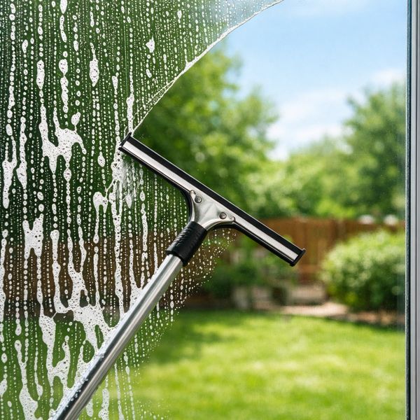 A squeegee cleaning a soapy window with a garden view outside.