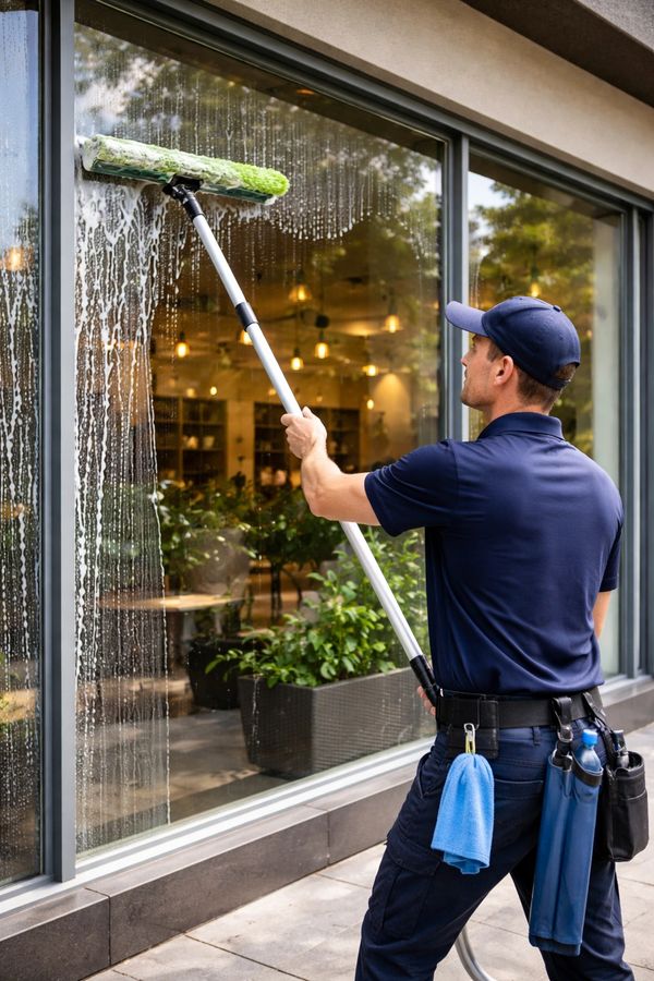 A man cleaning a large window with a long-handled squeegee.