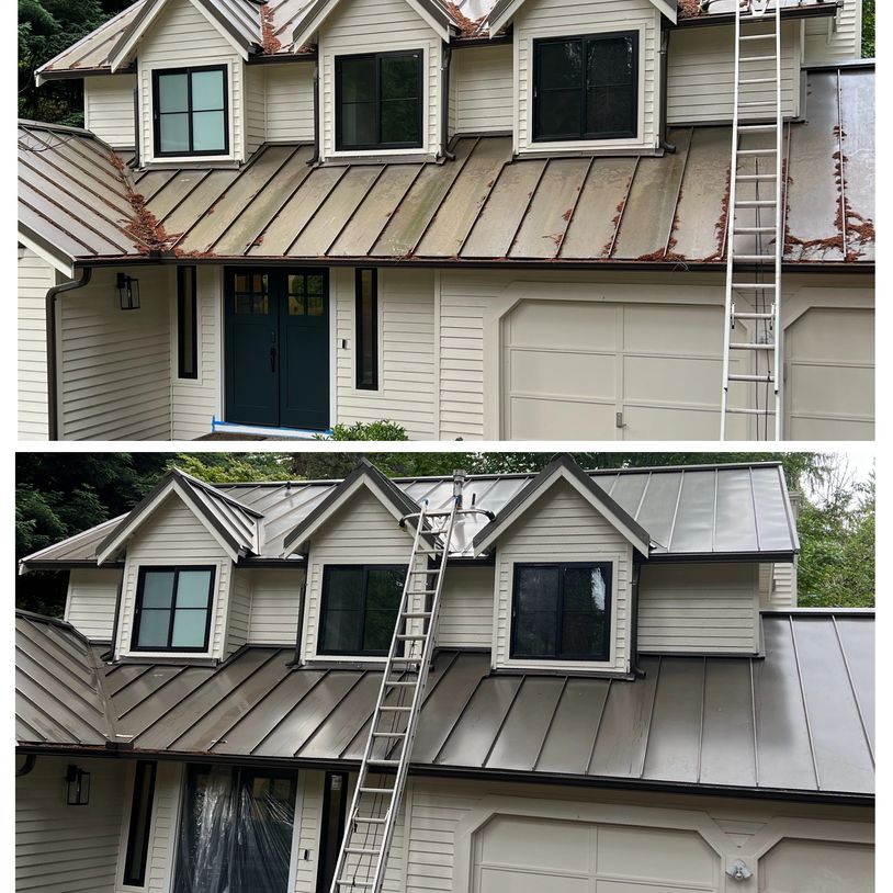 Before and after images of a house's metal roof cleaning and restoration.