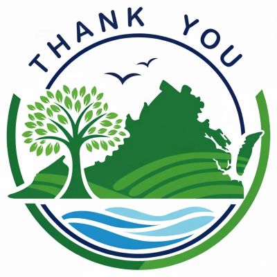 Green nature-themed thank you logo with tree, hills, water, and birds.