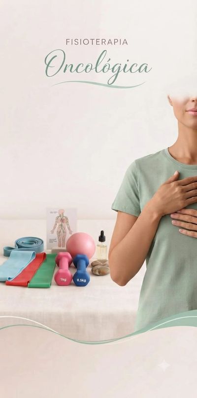 Imagem relacionada à fisioterapia oncológica com equipamentos e mulher.