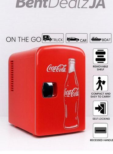 A portable red Coca-Cola Mini Fridge.