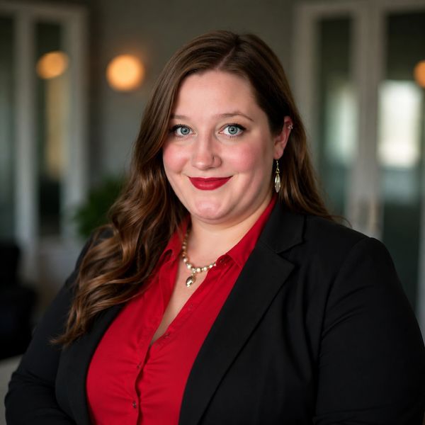 Professional woman in red blouse and black blazer smiling confidently indoors.