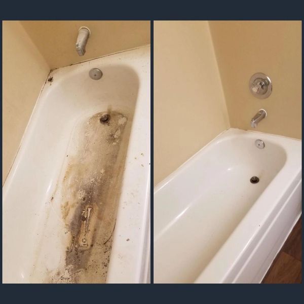 Before and after of a dirty bathtub with dust and grime.