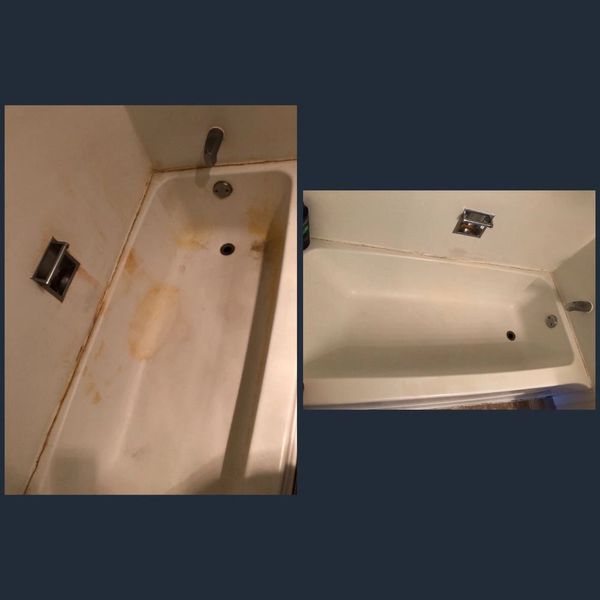 Before and after of a dirty bath tub with stains and grime.