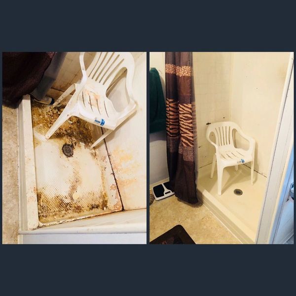 Before and after of a filthy stand in shower that has been cleaned.