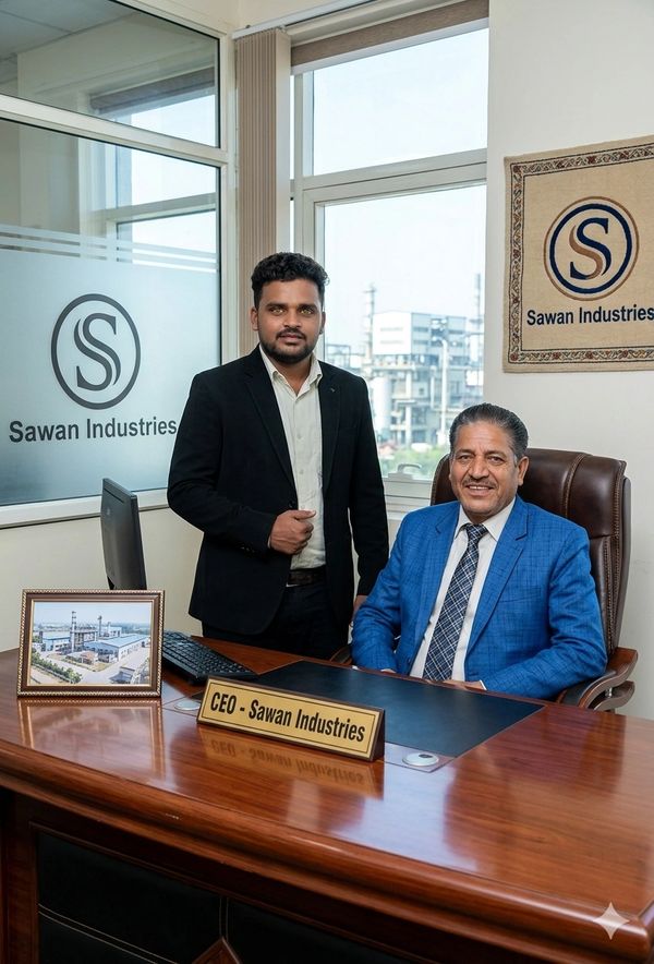 Two professionals posing in Sawan Industries office, with CEO seated at desk.