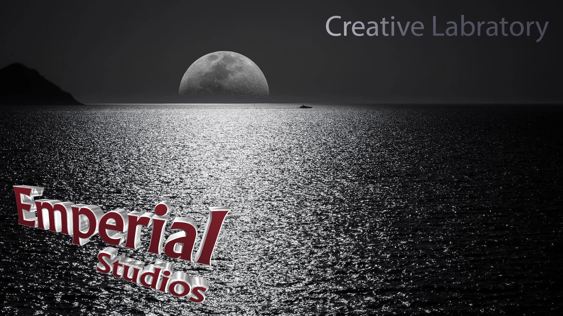 Moonrise over shimmering ocean with boat silhouette and text 'Creative Labratory' and 'Emperial Studios'.