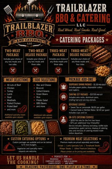 Trailblazer BBQ & Catering menu with packages and options.
