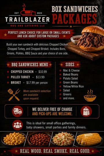 Trailblazer BBQ offers customizable box sandwich packages for events.