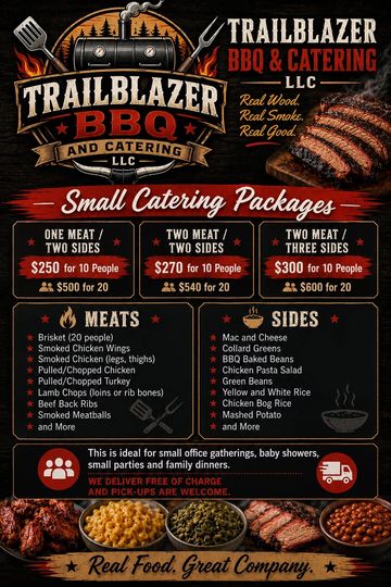 Trailblazer BBQ catering packages with meats and sides options.