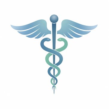Caduceus symbol with two snakes and wings.