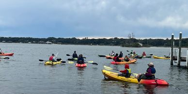 Large group taking a guided kayaking tour 